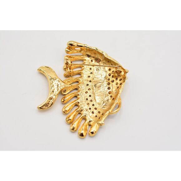 Vintage Fish Pin Brooch Blue Black Enamel Gold Rhinestone Crystal Chunky Bin5A - Picture 11 of 12